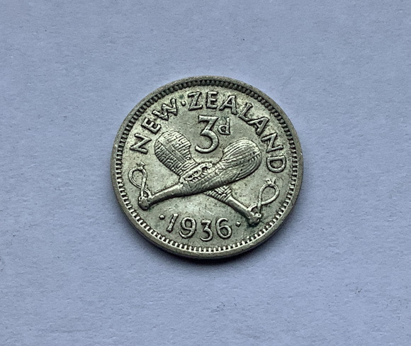 1936 New Zealand threepence coin .500 silver